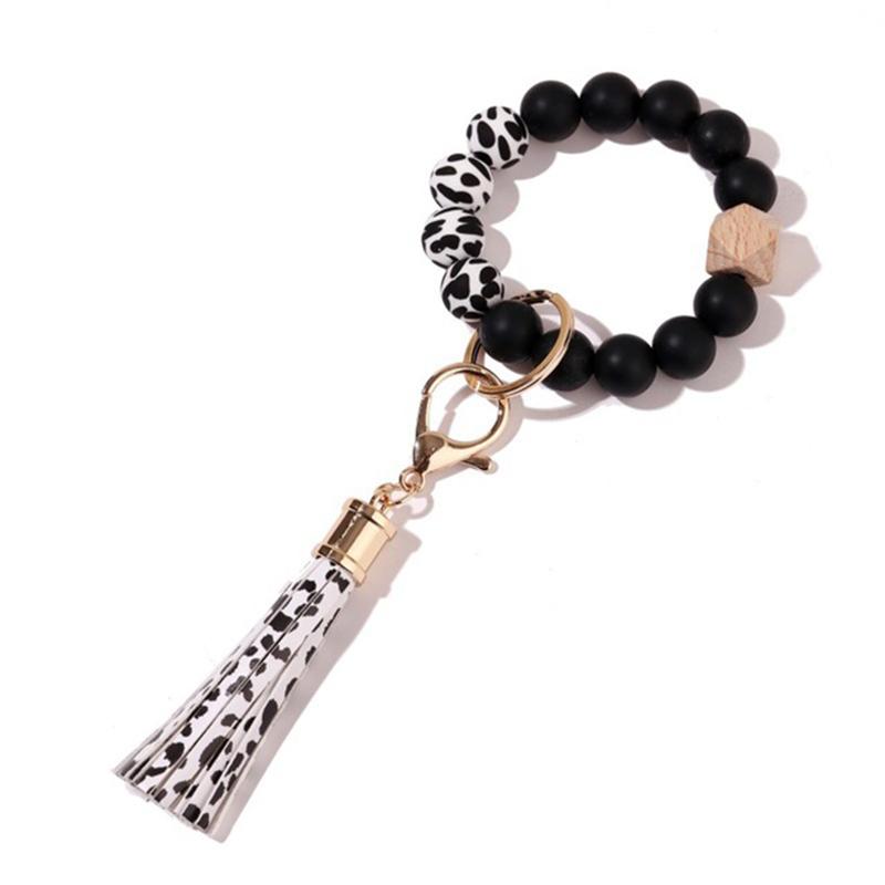 Stock Silicone Beads Elastic Bangle Bracelet Keychain Leather Tassel Silicone Beads Bracelet Wristlet Keychain for Women