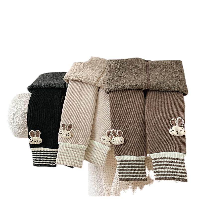 Girls' Velvet-Lined Fleece Leggings - Medium-Thick, Striped Rabbit Design for Winter