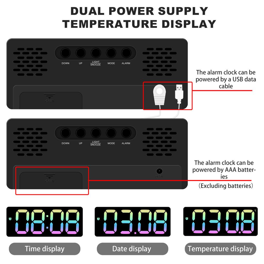 Digital Alarm Clock 3 Level Dimmable Digital Clock 2 Power Supply Alarm Clocks Desktop Clock with Temperature Display Snooze
