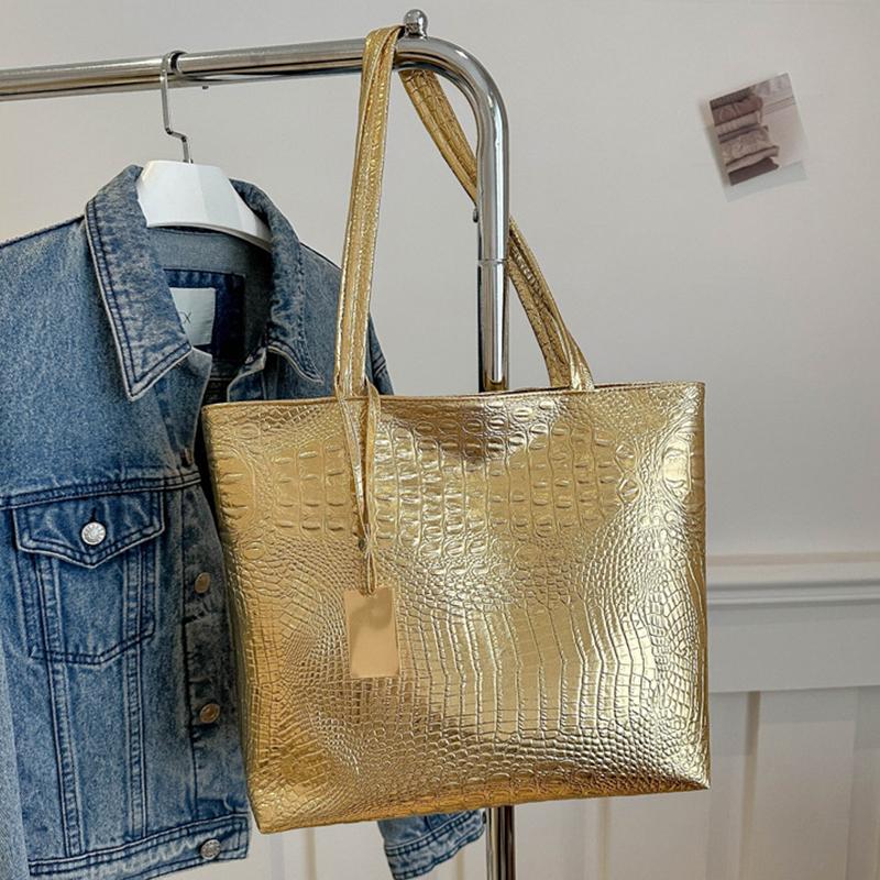 

Женская сумка через плечо с ручкой в стиле ретро из искусственной кожи с узором под крокодила и большой емкостью 33x11x31cm золотой