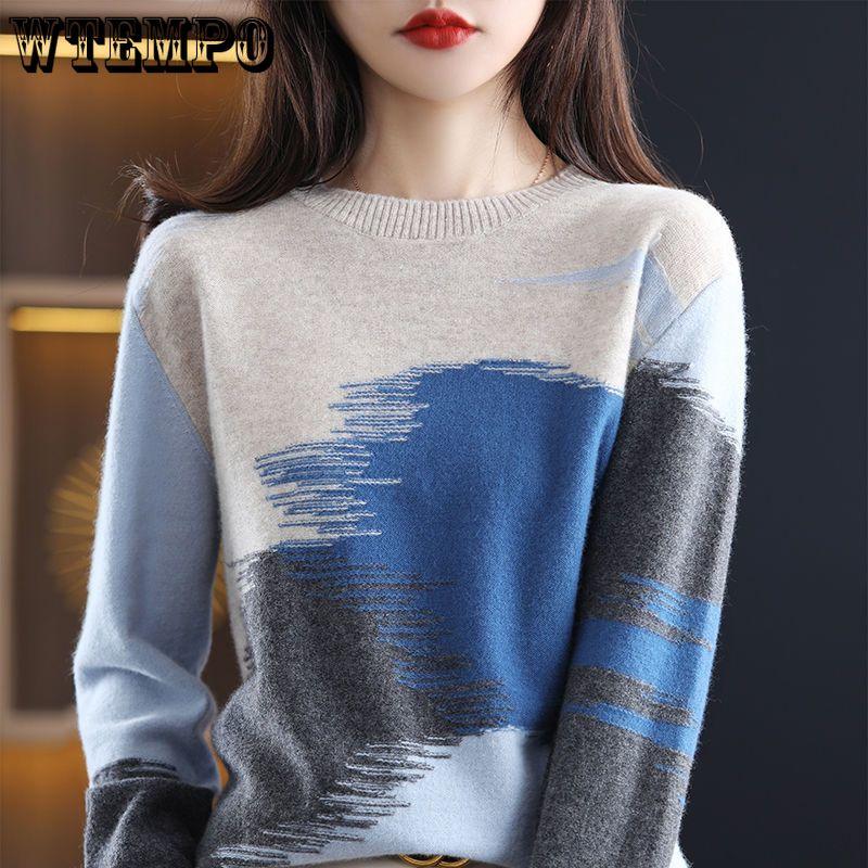 Multicolor Round-neck Sweater for Women Loose Korean-style Pullover Fashionable Top Plus-size Knitted Sweater