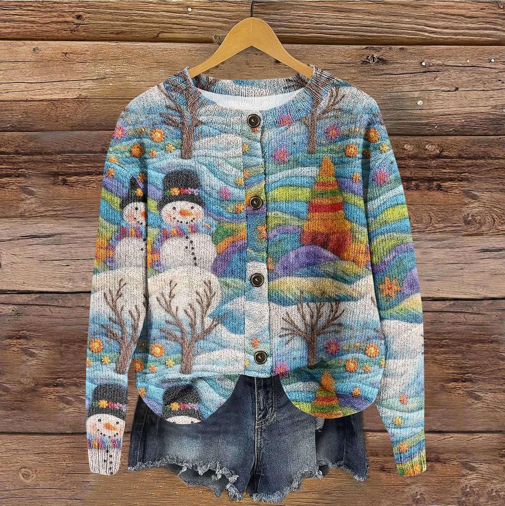 Women's Vintage Knit Button Christmas Print Cardigan Jacket