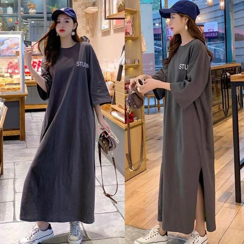 Women's Shirt Dresses Round Neck Half Sleeve T-shirt Dress Loose Letter Printed Plus Size Long Dress