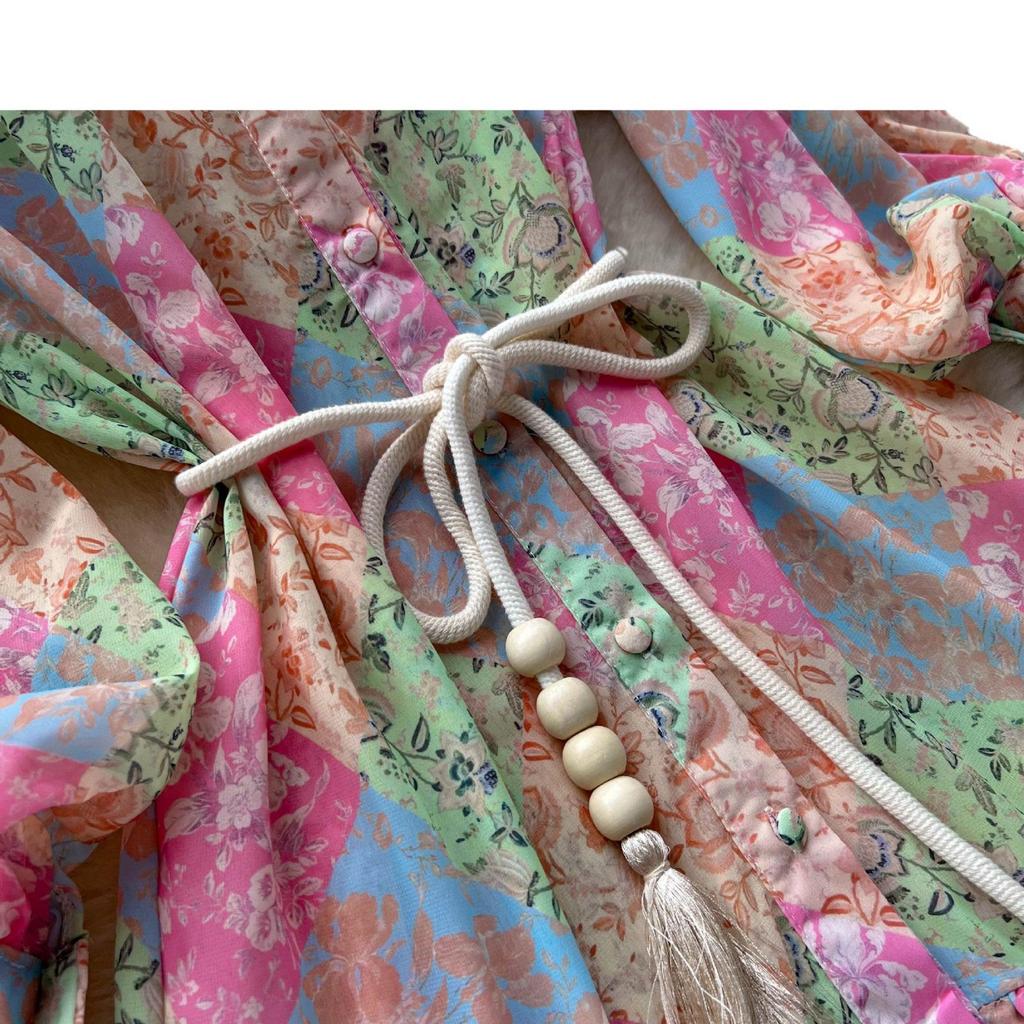Women's Chiffon Print Dress: Stand Collar, Long Sleeve, Tie-Waist, Perfect for Spring & Autumn Vacations