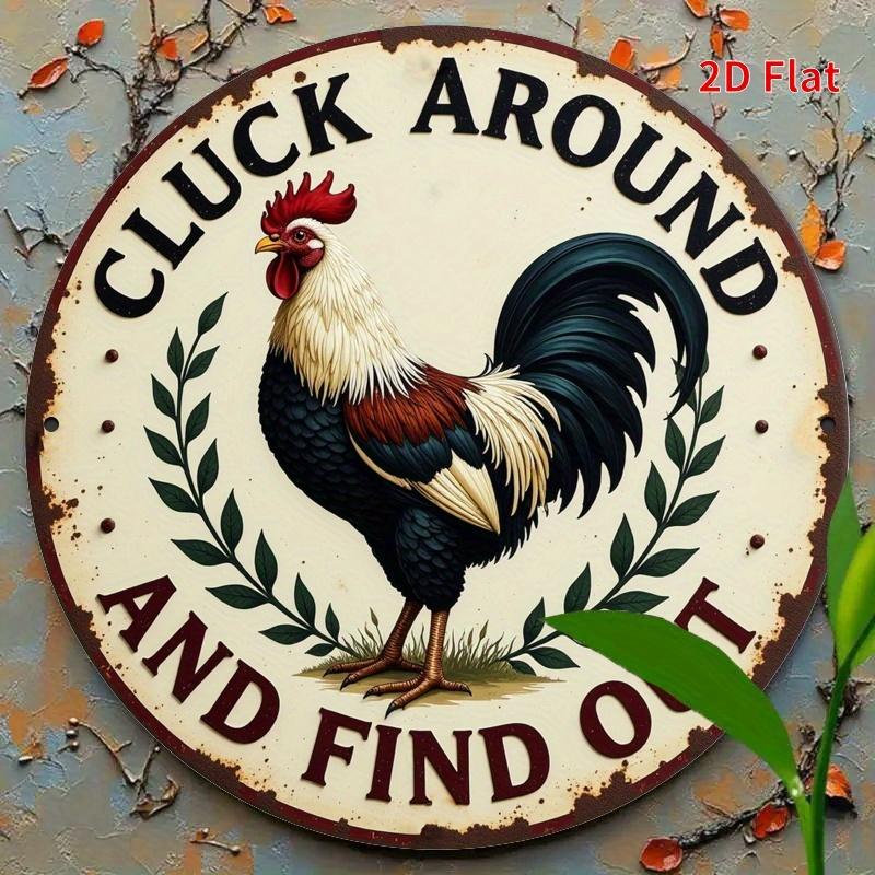 

Cluck Around Rooster Sign. Red & black vintage aluminum decor for home, office or garden. чистый