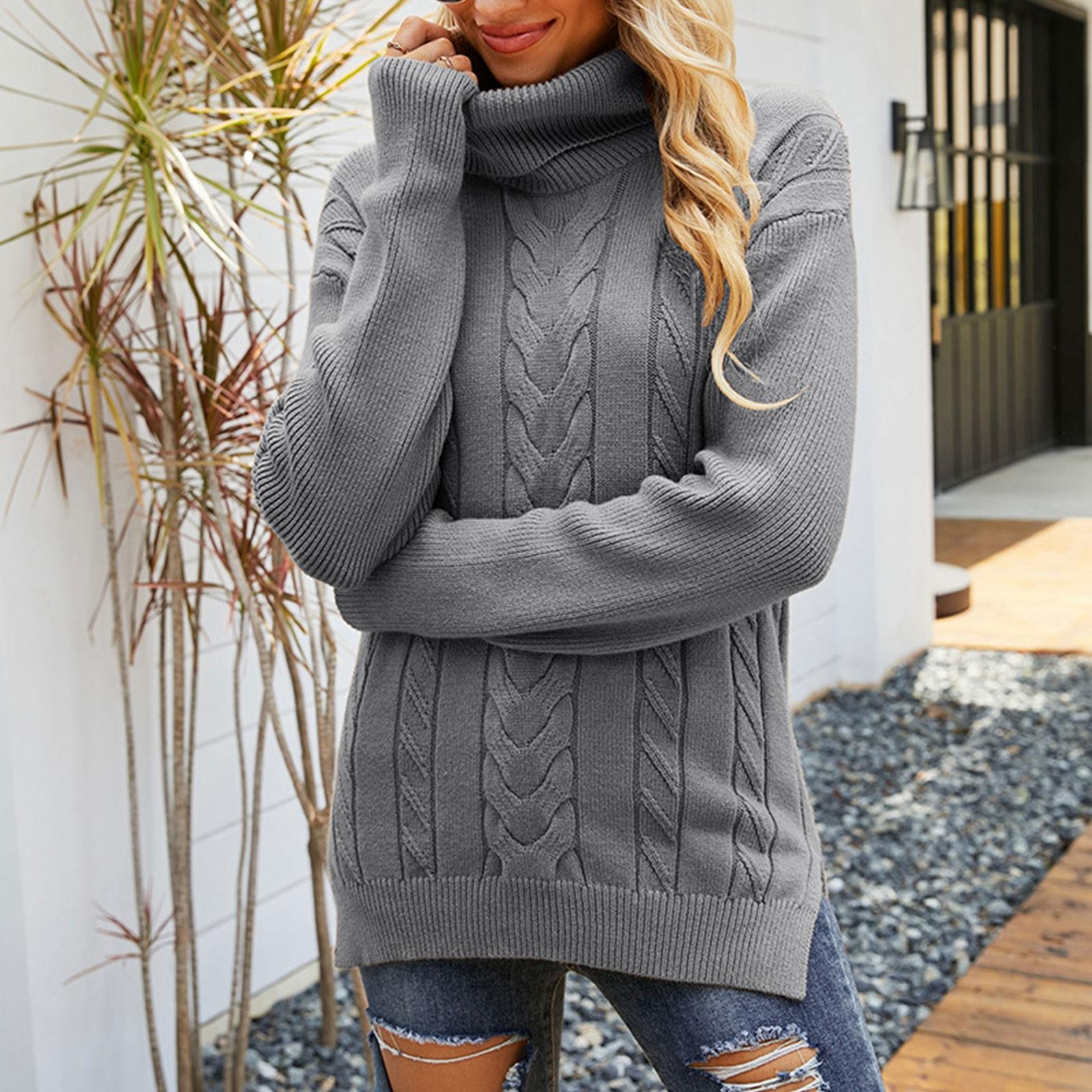 

Women s Casual Solid Color Lapel Bottom Knit Sweater Vintage Cable Sweater L