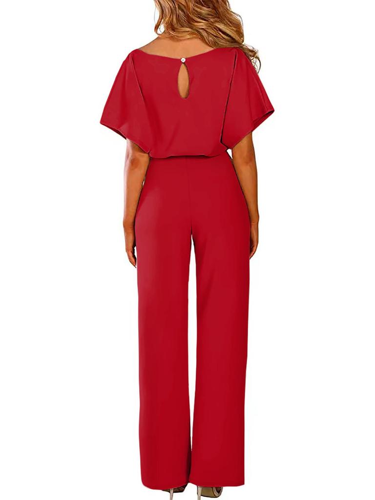 Solid Color Short-Sleeve Tie-Sleeve Romper Jumpsuit