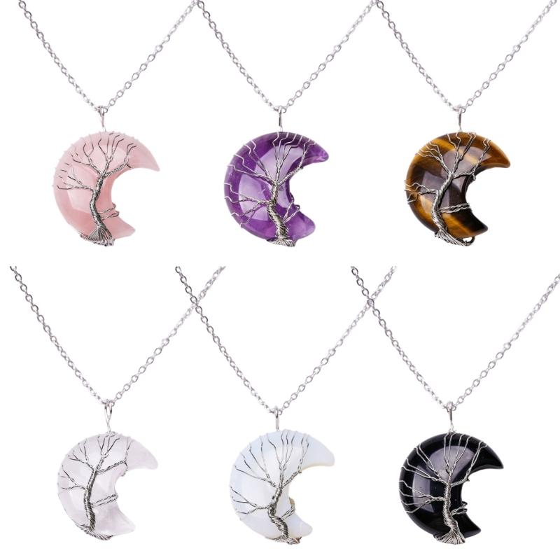 Crescent Pendant Necklace Moon Shape Crystal Necklaces for Women Men Natural Stone Collar Chain Choker Jewelry