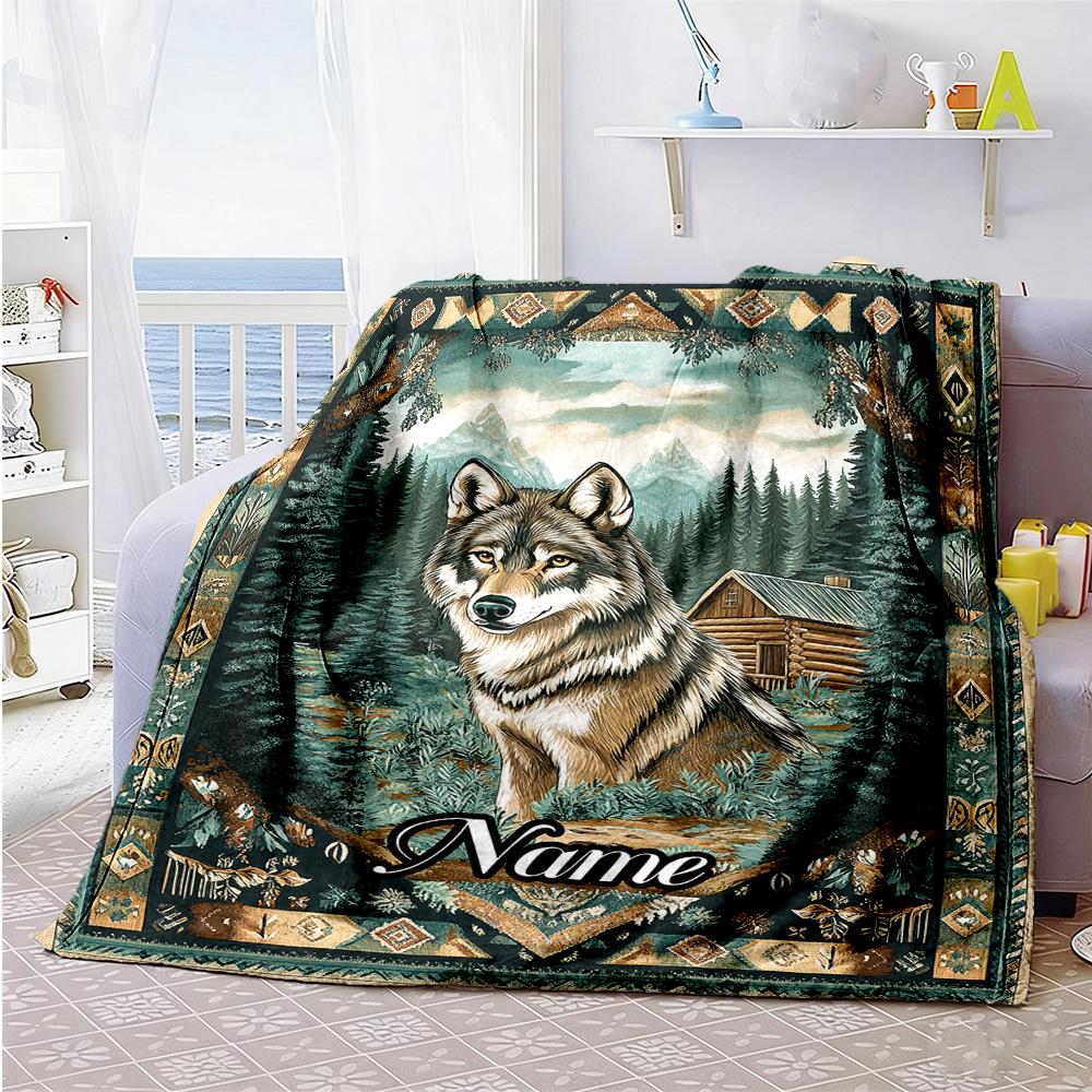 Wolf Cabin Customize Text Blanket Cozy Customizable Blanket Soft Warm Cozy Perfect for Picnics Couch Seaside Office Ideal for All Seasons