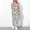Women Plus Size Floral Printed Cutout Neck Short Sleeve Scrub Set With Pockets Top And Long Pants Two Piece