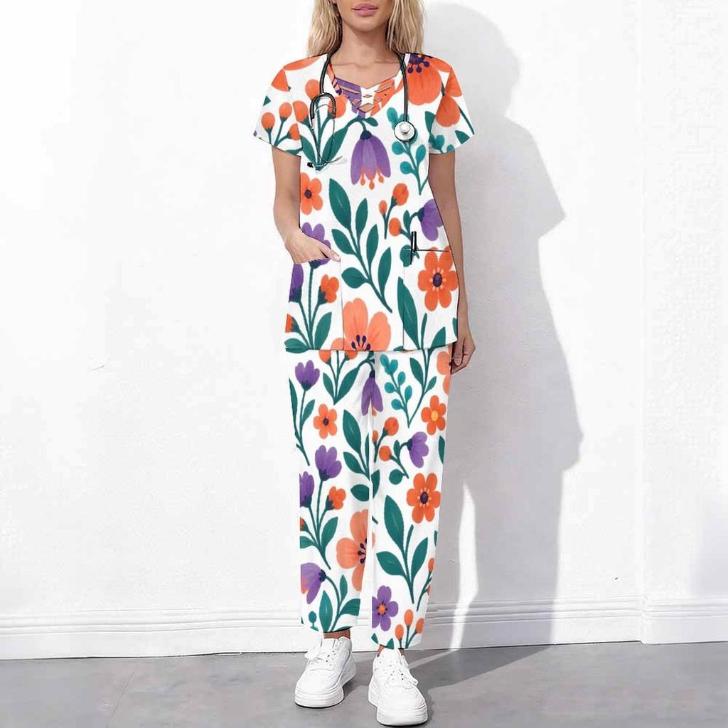 Women Plus Size Floral Printed Cutout Neck Short Sleeve Scrub Set With Pockets Top And Long Pants Two Piece