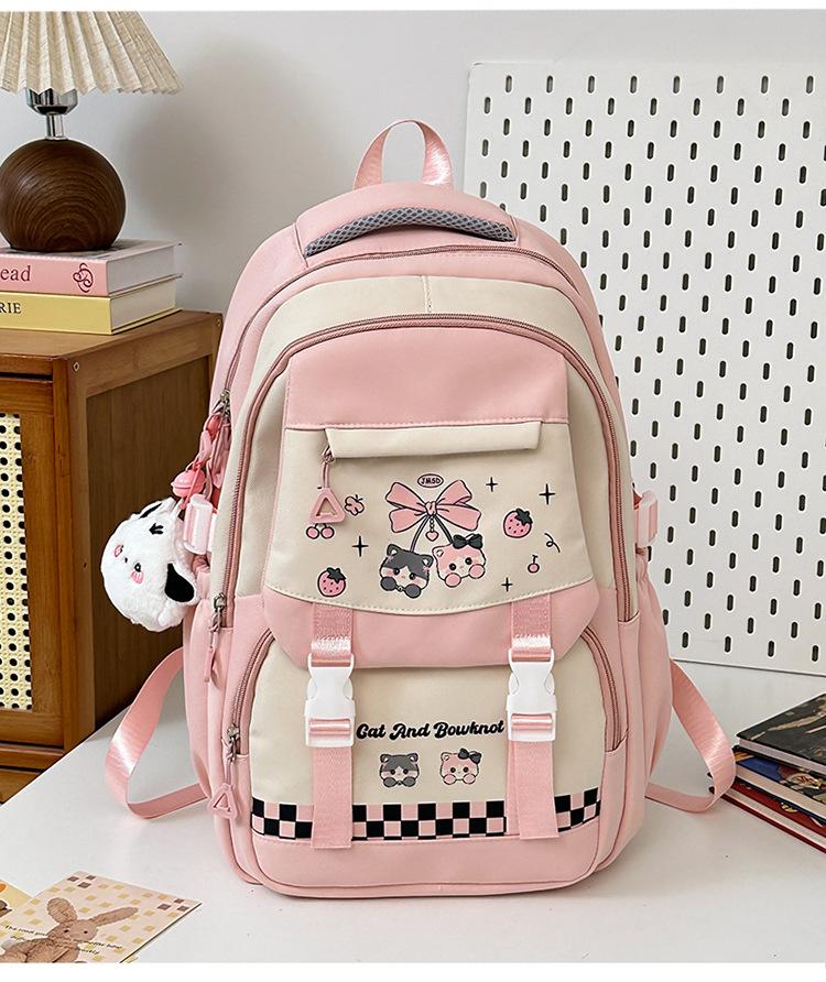 Schoolbag: Korean style cherry blossom peach pink with creamy strawberry kitten, academy style, multi-layered backpack for middle and high school