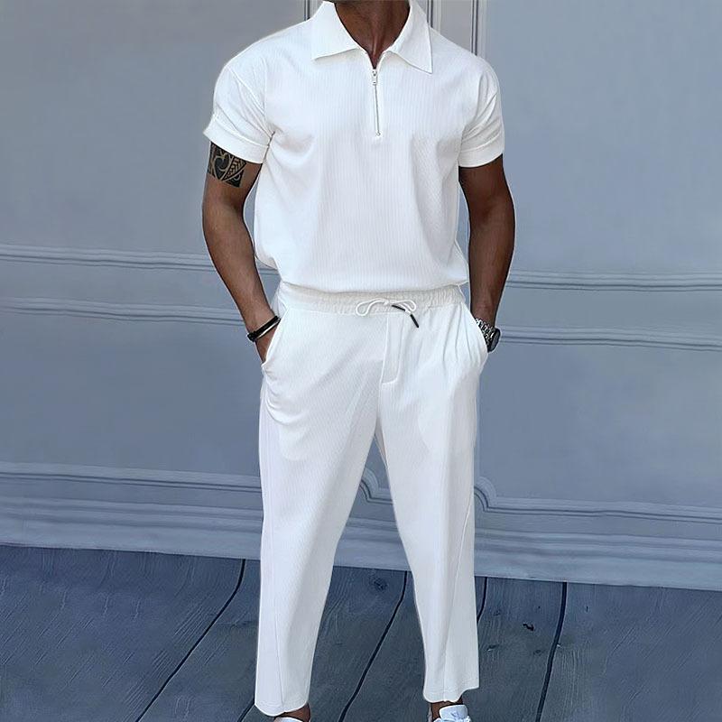 Completo estivo da uomo tinta unita con risvolto, manica corta, cerniera, pantaloni