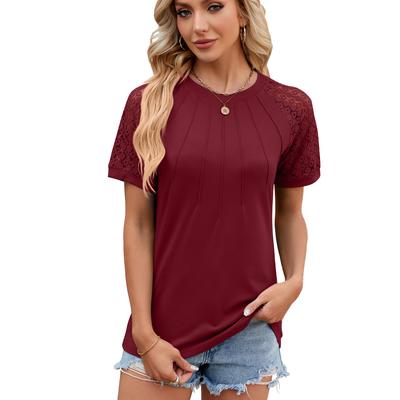 Summer Women's T-shirt New Solid Color Round Neck Lace Splicing Short-sleeved T-shirt Tops