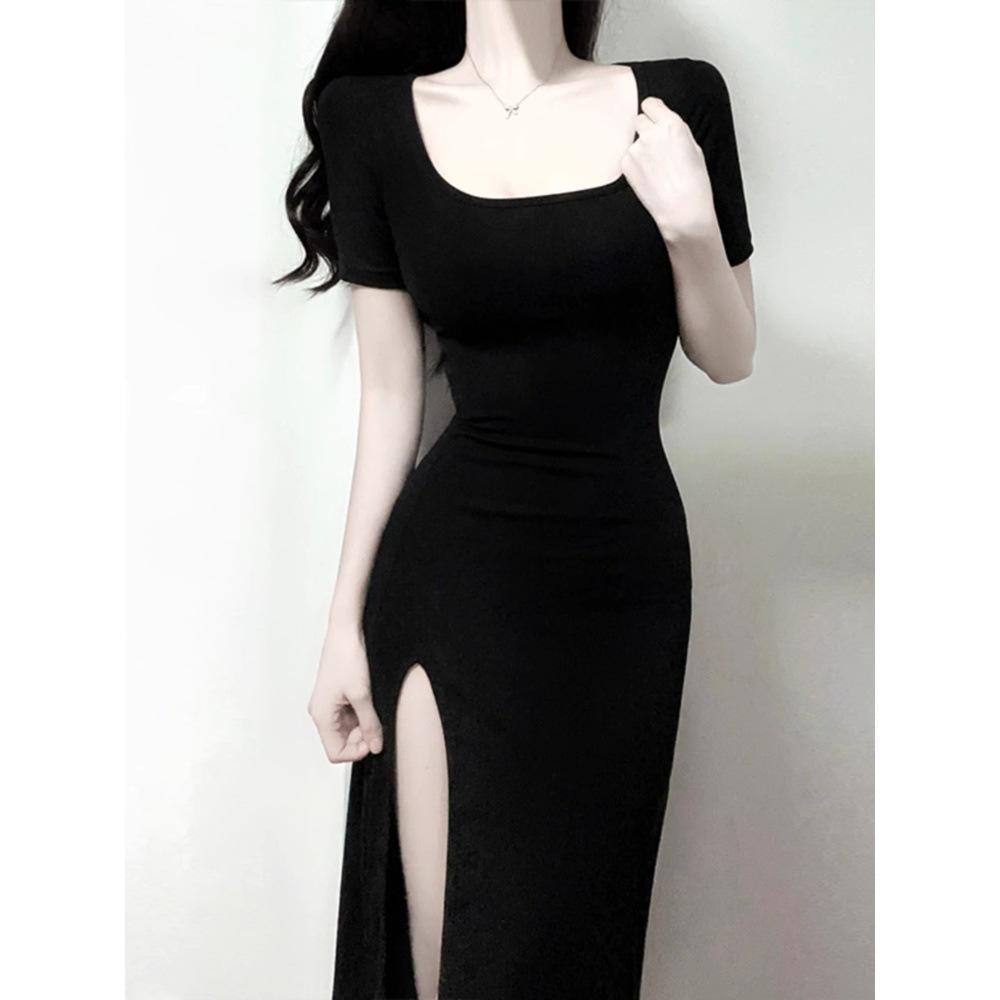 French Casual Black Dress Women's New Summer Elegant Women's Design Sense Split Fork Slim Fit Long Dress Hip Wrap