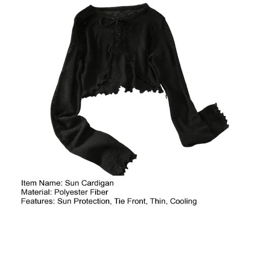 Sun Knit Cardigan for Women Tie Front Long Sleeve Sheer Mesh Beach Cover Up Ruffle Hem Thin UV Protection Sun Shirts