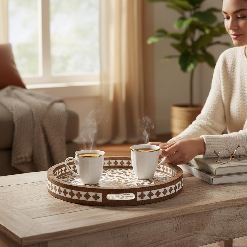 Wooden Inlay Decorative Tray  Round Floral Pattern Serving Tray | Bone Inlay Style | Boho Coffee Table Tray | Kitchen Bone Decor Tray