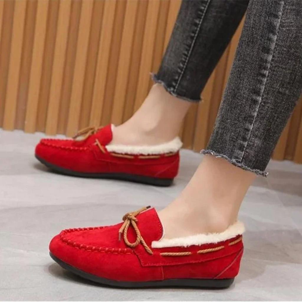 2026 Winter Damen Neue Bohnenschuhe Modisch, Bequem, Warm, Plüschschleife Damen Baumwollschuhe Lässig Rutschfest Flache Schuhe