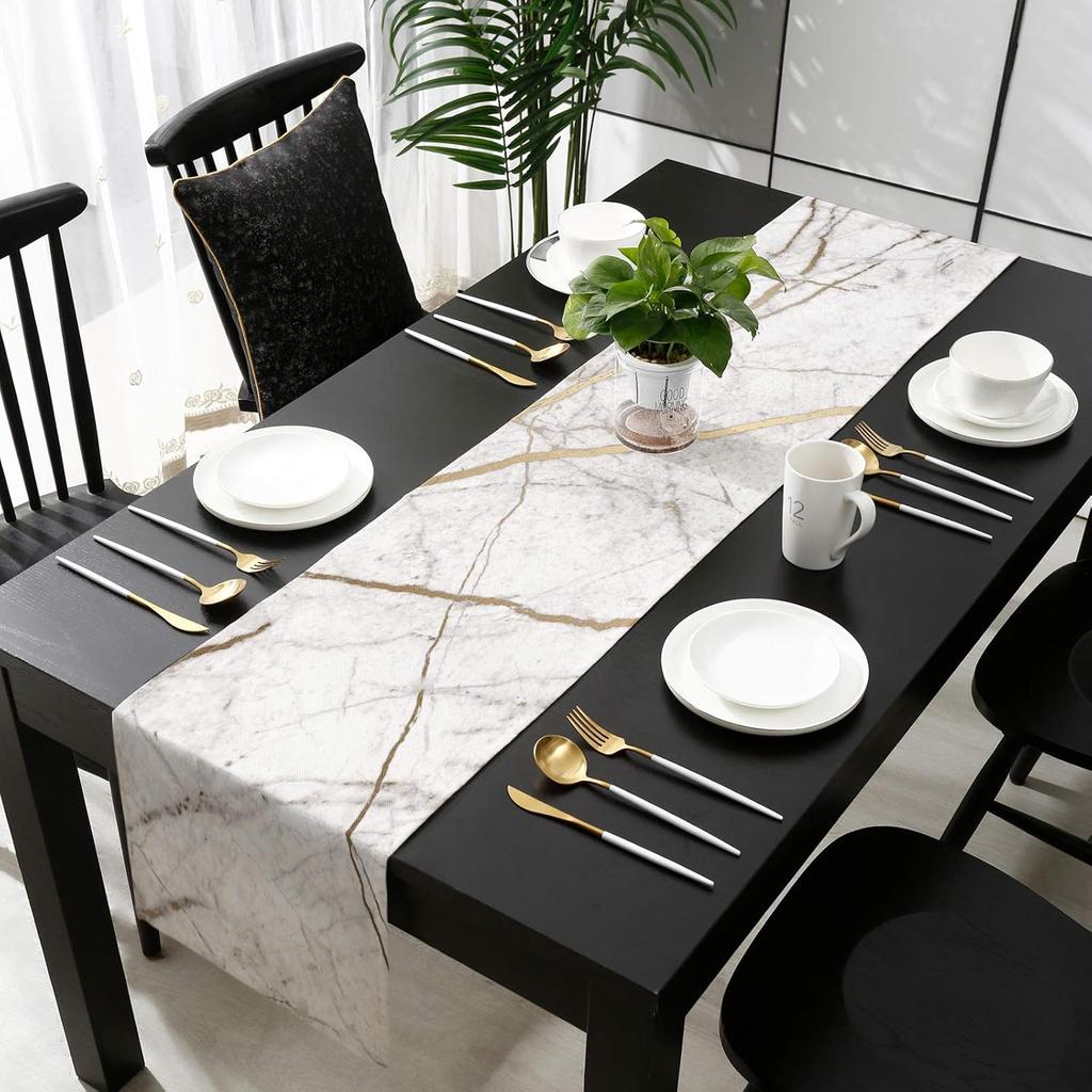 Marble Table Runner-Cotton linen-Long 72 inche White Gray Gold Dresser Scarves,Texture Tablerunner for Kitchen Coffee/Dining/Sofa/End Table Bedroom