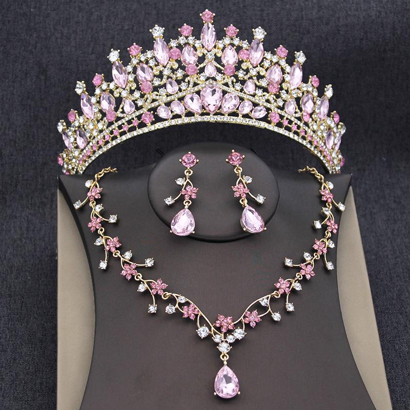 Elegant Purple Tiaras and Bridal Jewelry Sets for Women Wedding Crown Choker Necklace Earrings Set Party Jewelry Accessory