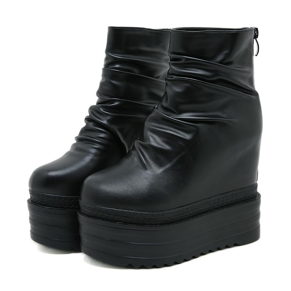

Gdgydh Womens Chelsea Boots Zip Black Creeper Platform Wedge Heels Sponge Cake Muffin Inside Fashion Pleated Ankle Boots Height 36