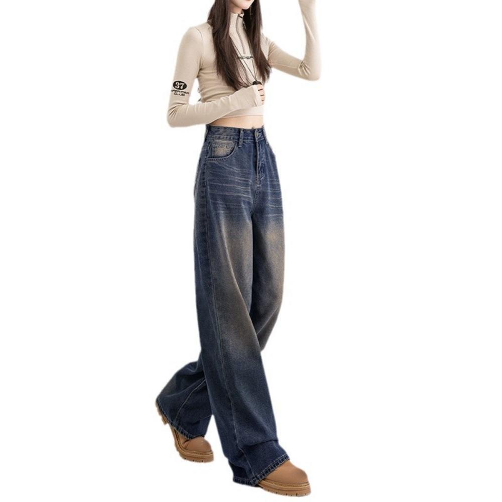Trendy high street design sense washed wide-leg jeans spring and autumn new high-waisted loose mopping jeans