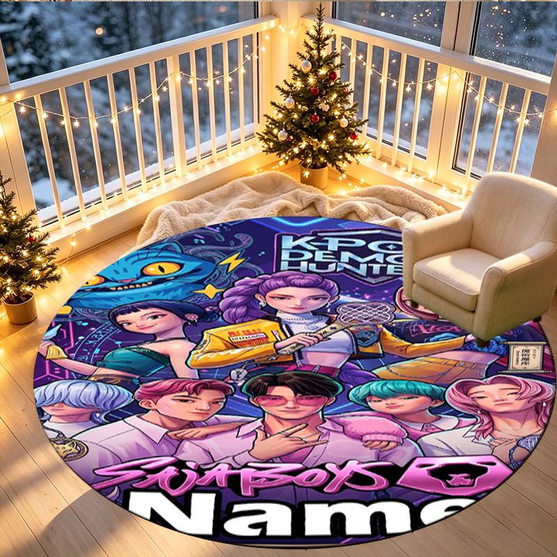 Custom Name Personalized Kpop Demon Hunter Print Round Rug, Versatile Home Decor Carpet, for Playroom, Apartment, Balcony, Entryway, Hallway Gift