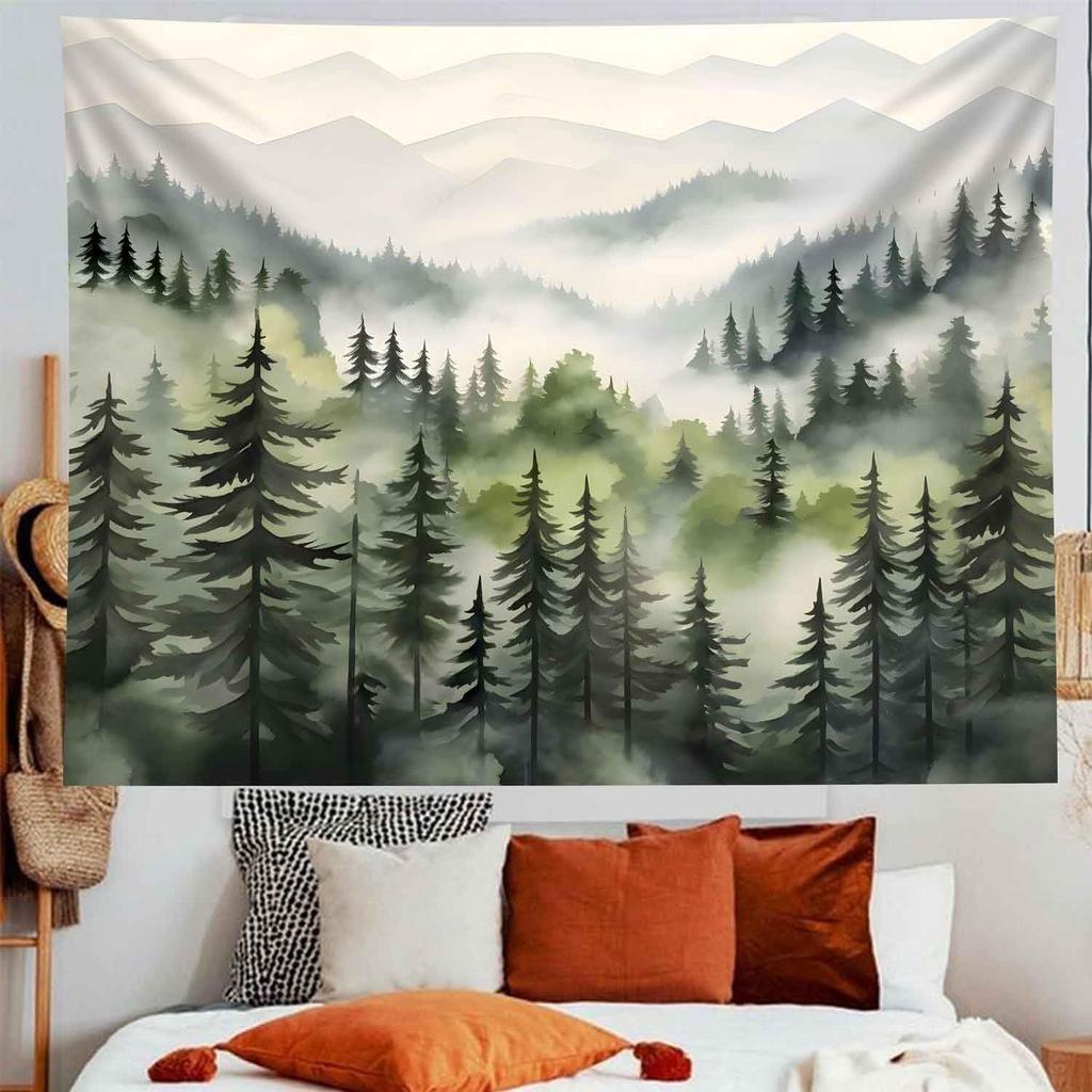 TUGCAY Misty Mountain Forest Tapestry, Green Nature Foggy Watercolor Tree Tapestries Landscape Scenery Tapestry Wall Hanging for Bedroom Living Room