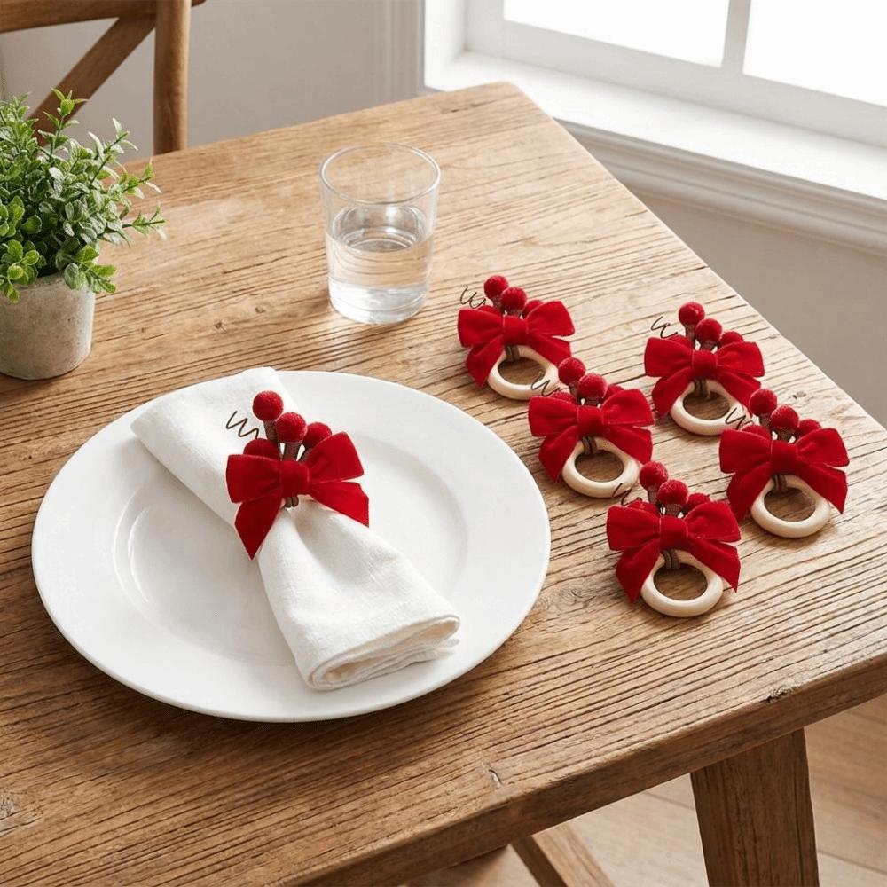 6PCS Pinecone Red Bow Napkin Rings Artificial Berry Napkin Holders Holiday Dinner Party