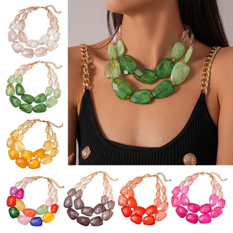 Double Layer Bohemian Acrylic Beaded Clavicle Chain Adjustable Necklace For Women Vacation Jewelry Gift