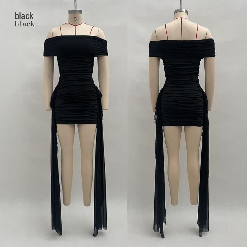 European & American Style Women s One-Shoulder Ruffled Draping Ribbon Bodycon Dress (2025) L