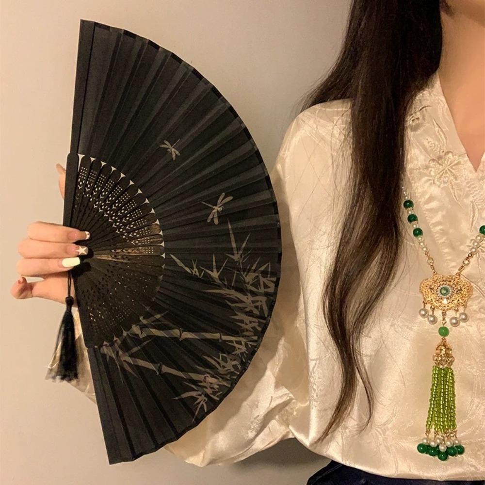 Portable Vintage Style Chinese Japanese Folding Fan Plastic Colorful Shank Classical Dance Fan Crafts Folding Photo Props Gifts