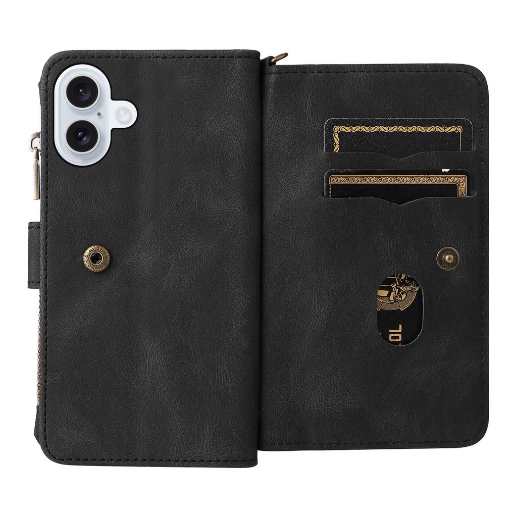 For iPhone 17 Zipper Wallet Case with 15 Card Slots and Strap Leather Phone Cover