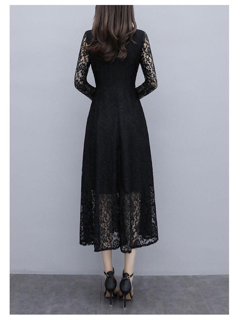 Women's Plus Size Black Lace A-line Long Skirt Dress - Spring/Summer 2026, New Style, Long Sleeve, Elegant Fit