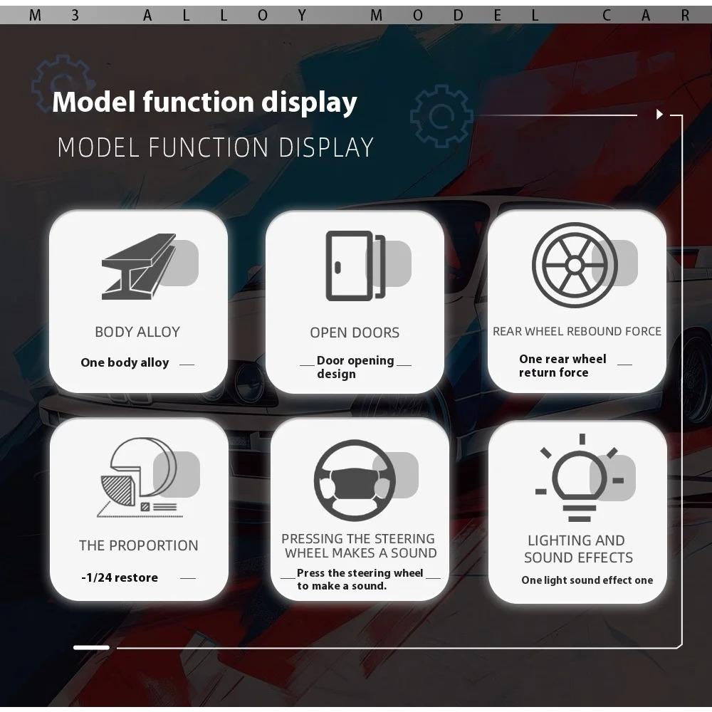 1/24 Scale BMW M3 E30 1988 Mpower Floral Version Alloy Diecast Painting Car Model Sound Light Private Collectibles Decorative Gifts