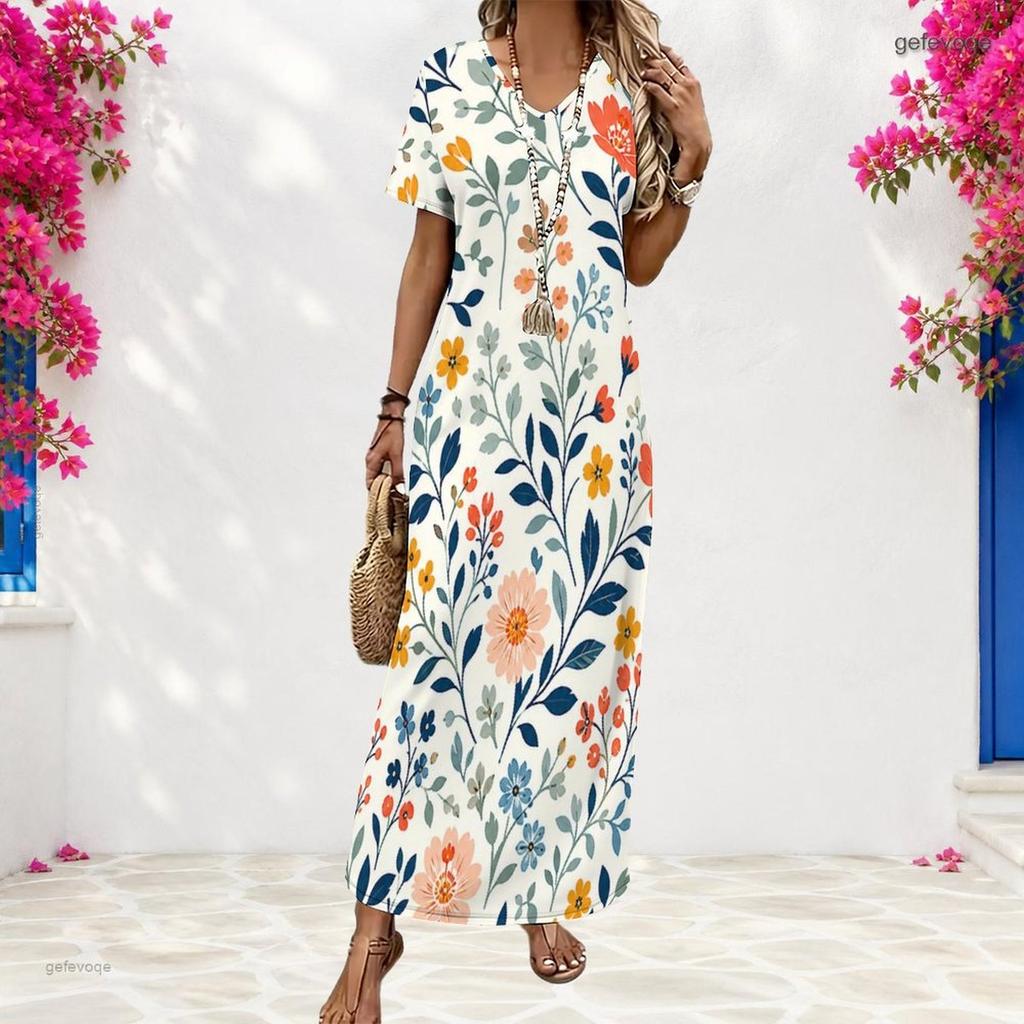 Women Plus Size V Neck Short Sleeve Floral Printed Navy Blue Straight Long Dress