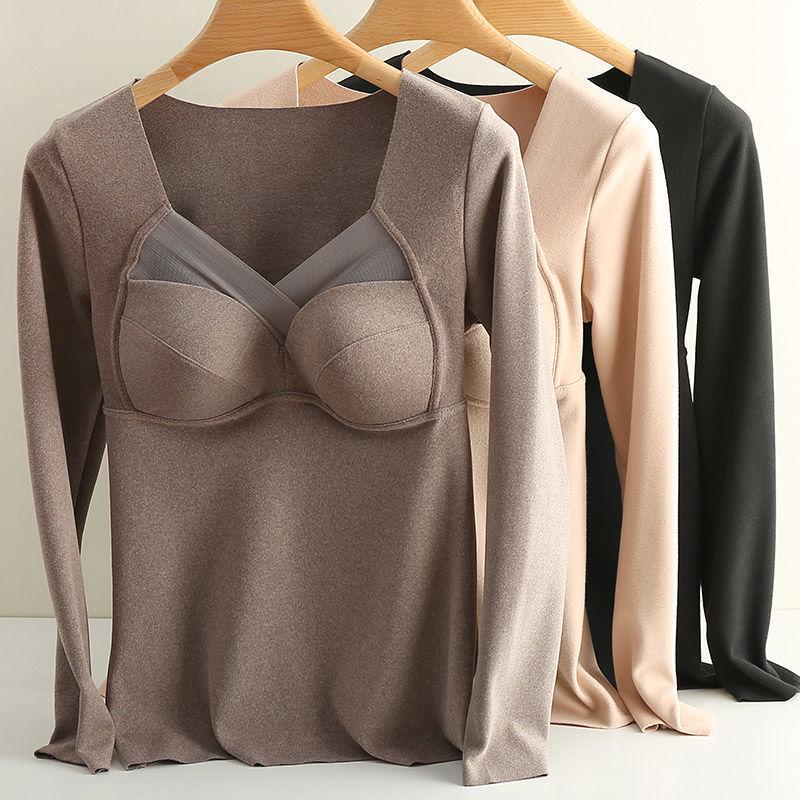 Damen Nahtlose Samt Heizweste: Langärmlig, warm, mit eingebauten Latex-Brustpolstern.