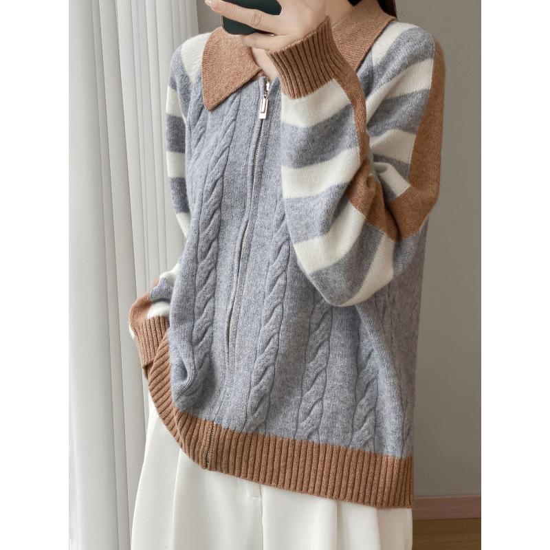 Autumn/Winter 2025 Women's Pure Wool Knit POLO Cardigan with Zipper and Color Block Buttons - Soft, Fluffy, Long Sleeve Top