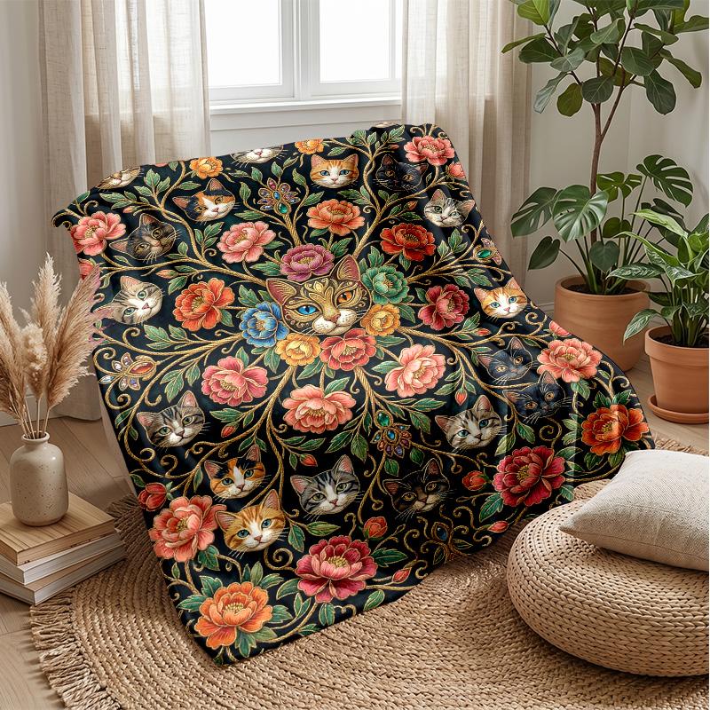 Floral Cats Tree Artwork Theme blanket Lightweight Warm Flannel Blanket Decorative Throw Blanket for Home Decoration