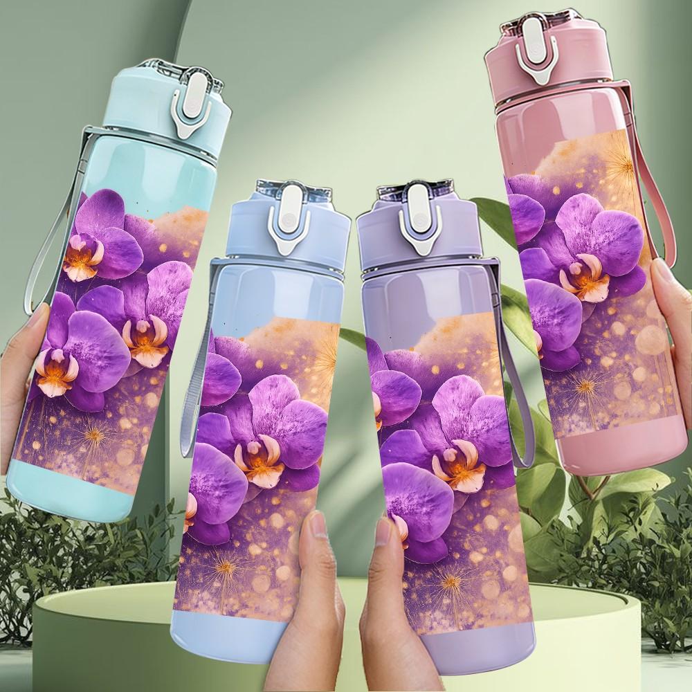 1PC Purple Orchid Vintage Floral Print 750ml Color Plastic Sports Water Bottle Leakproof Flip Straw Lid Suitable for Sports Office Home Use