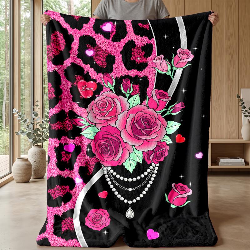 Pink Roses and Leopard Print 3 Theme blanket Lightweight Warm Flannel Blanket Decorative Throw Blanket for Home Decoration