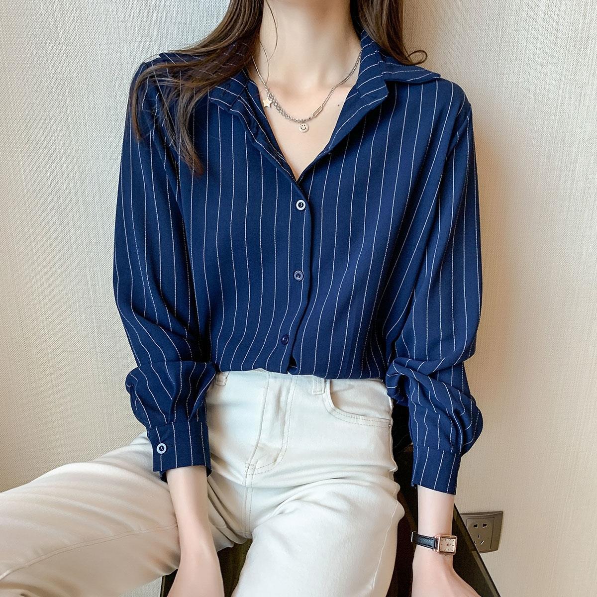 

Полосатая шифоновая блузка, женская новая официальная рубашка с длинными рукавами, повседневная женская рубашка-поло 3XL синий