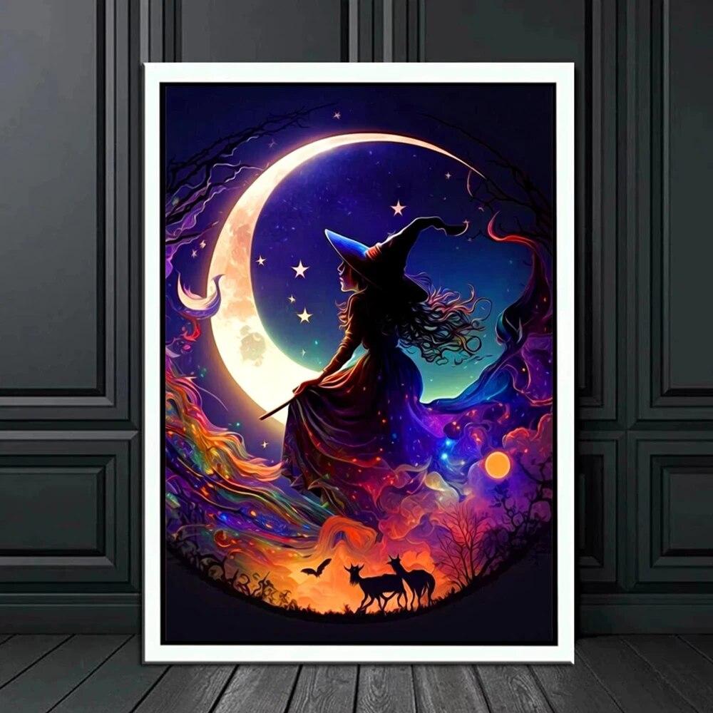Fantasy Starry Sky Halloween Witch Posters Print Moon Witch Witchcraft Magic Canvas Painting Wall Art Picture Living Room Decor No Frame