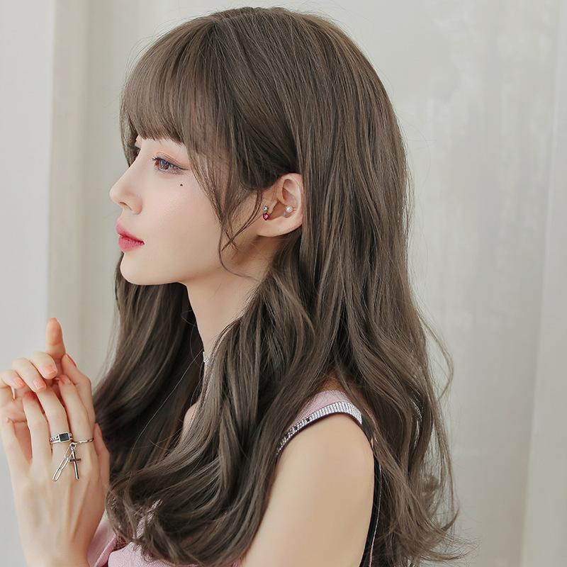 Women's Fashion Front Lace Heat Resistant Fluffy Wig Ladies Daily Use Natural Looking Synthetic Fiber Long Wavy Wig with See Through Bangs