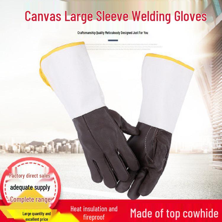 Dark Leather Heat-Resistant Welding Gloves with Scald and Splash Protection, Canvas Sleeve.