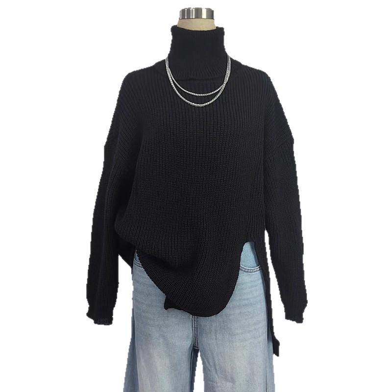 Womens Split Hem Mid-Length Turtleneck Collar Knit Sweater Loose Fit Plus Size Long Sleeve