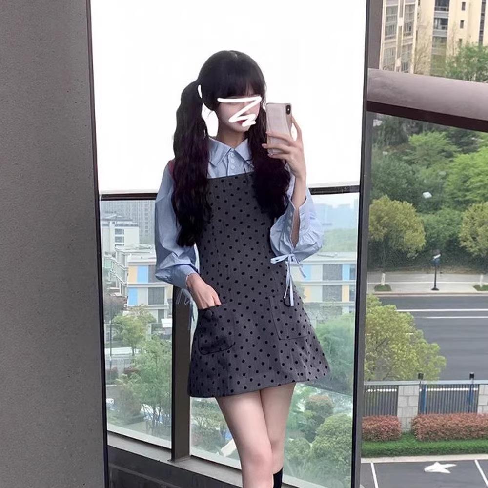 Elegant Korean Style Polka Dot Slimming Dress with Lace-Up Long Sleeves, Black