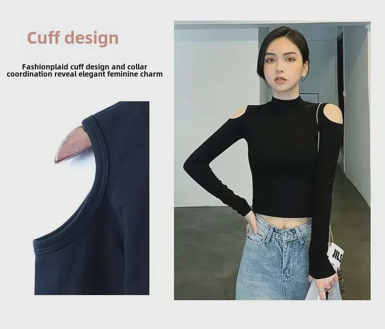 Women's Black Off-Shoulder Long Sleeve Crop Tops - Autumn/Winter High Collar Cotton Fashion T-Shirts