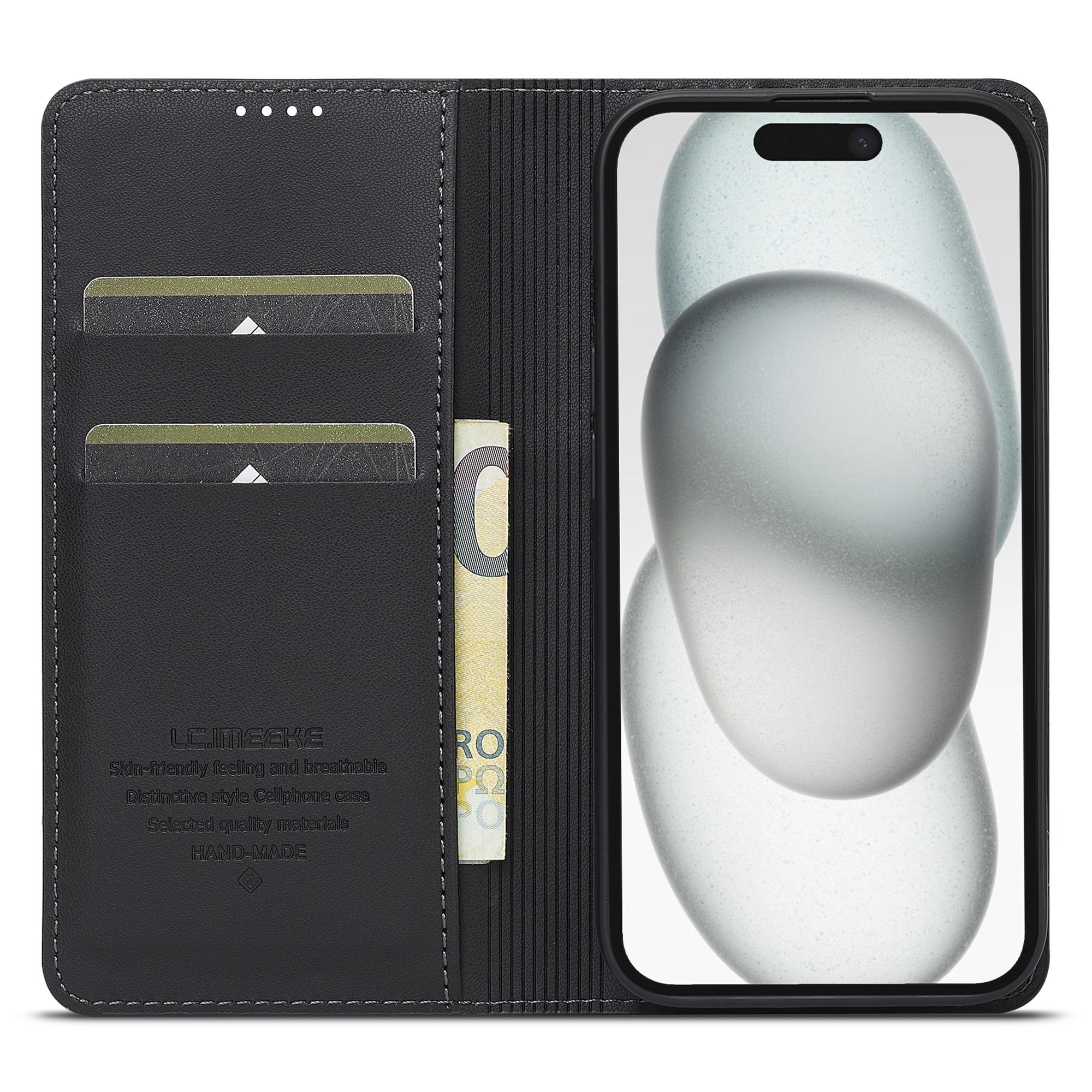 

LC.IMEEKE L1 Series for iPhone 15 Case PU Leather Wallet Stand Protective Phone Cover Black