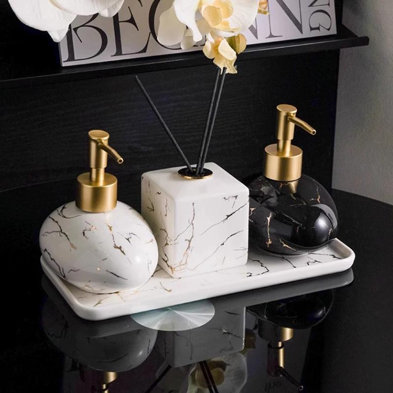300ml Modern Marble Lotion Bottle Black White Soap Liquid Container Bathroom Ceramic Shampoo Storage Bottle Bathroom Accessories